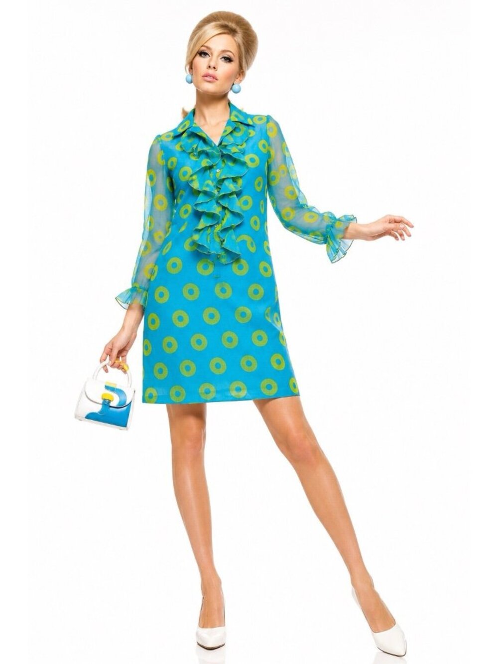 vintage 60s MOD POLKA DOT DRESS MEDIUM retro ruffle gogo twiggy scooter girl